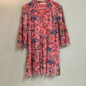 Loft Floral Short Sleeve Lined Swing Mini Dress, Cotton, Pink Blue, 16